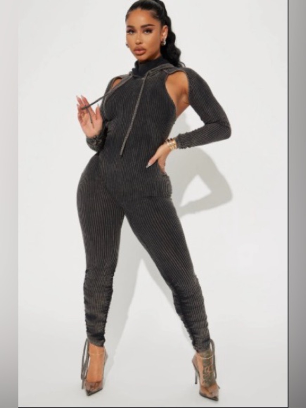 Fashion nova Ribbed Cold-Shoulder Jumpsuit in Charcoal